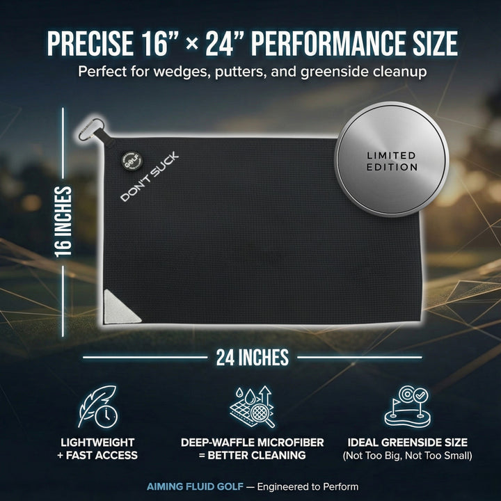 Don’t Suck™ magnetic golf towel in black, measuring 16x24 inches, with a corner clip for easy attachment.