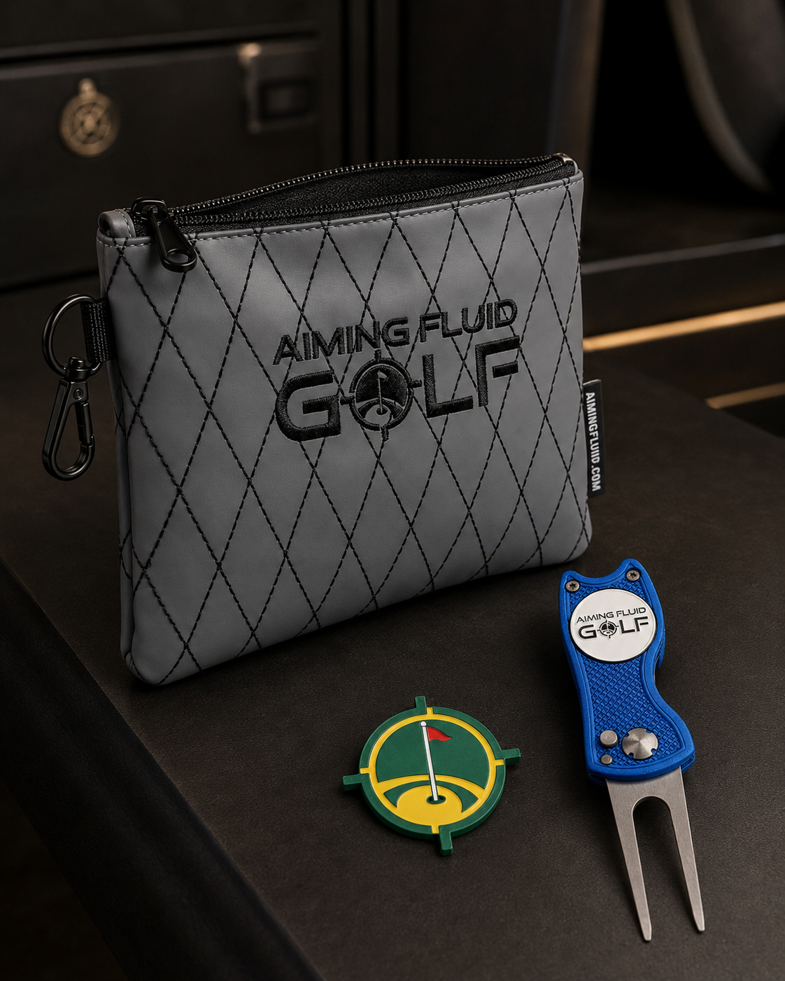 Aiming Fluid Golf leather utility pouch, metal ball marker and foldable divot tool