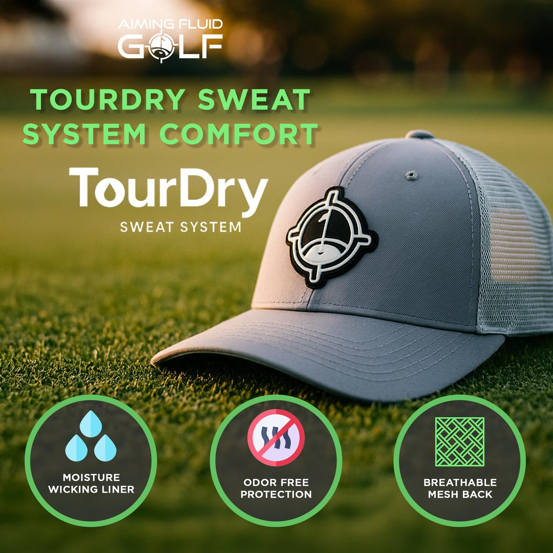 aiming fluid golf Golf cap with TourDry sweat system features on a grass background