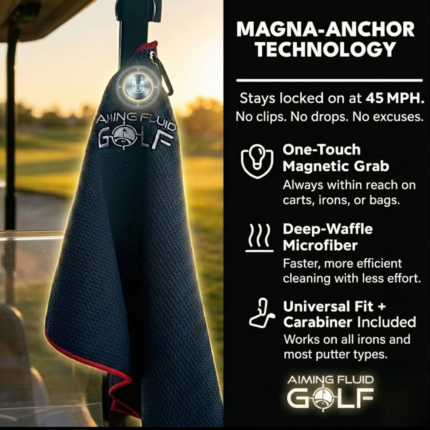 Multi-Function Magnetic Golf Towel with Wash Pocket, Magna-Anchor Technology, Waffle Pattern, Ball Scrubber – Perfect Golf Gift for Men & Women (16" x 24" Stubby)