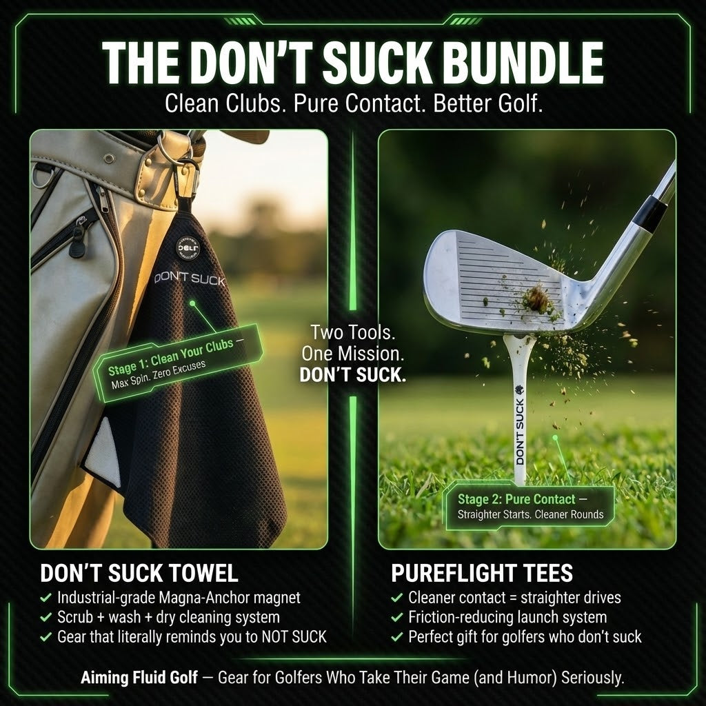 Don’t Suck towel and tee bundle featuring a magnetic towel and PureFlight tees on a dark background.