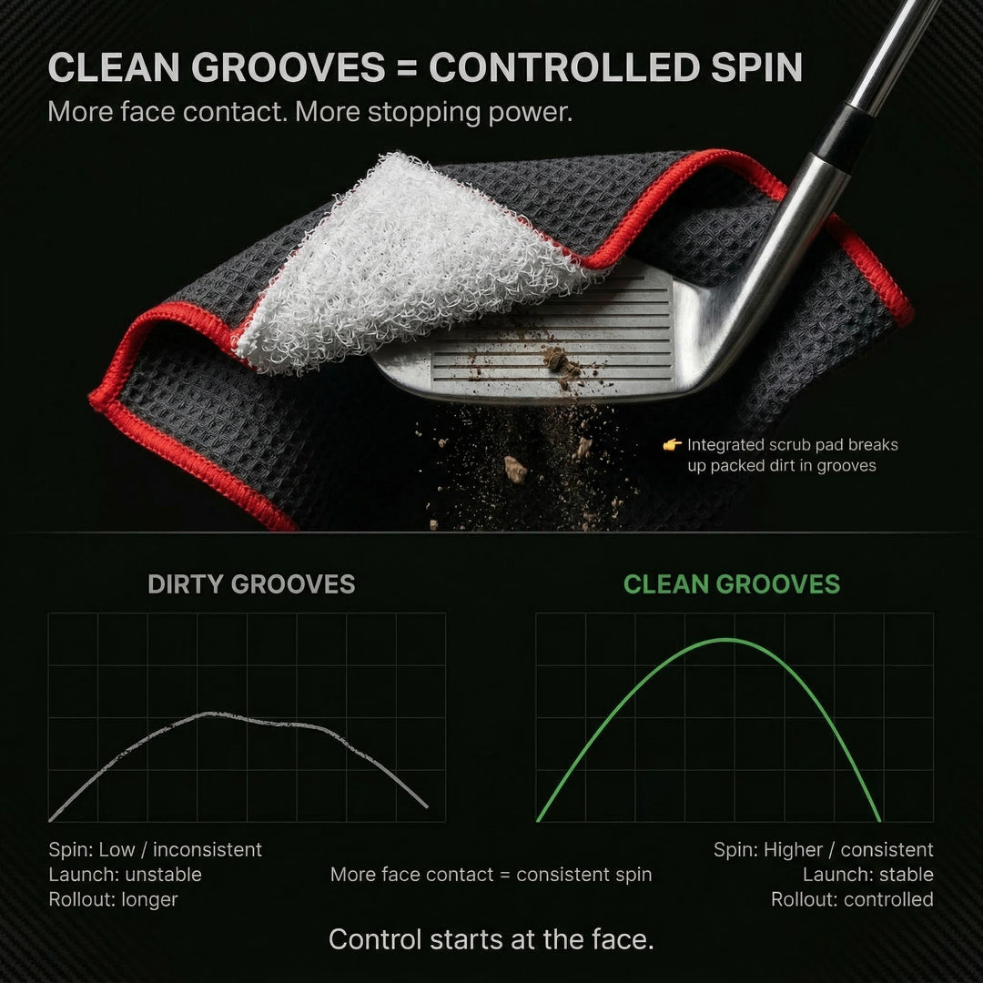 The 40 magnetic golf towel cleaning system with scrub pad, wash pocket, and dry microfiber zone.