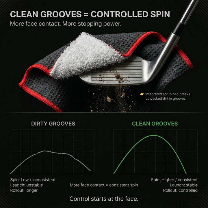 The 40 magnetic golf towel cleaning system with scrub pad, wash pocket, and dry microfiber zone.