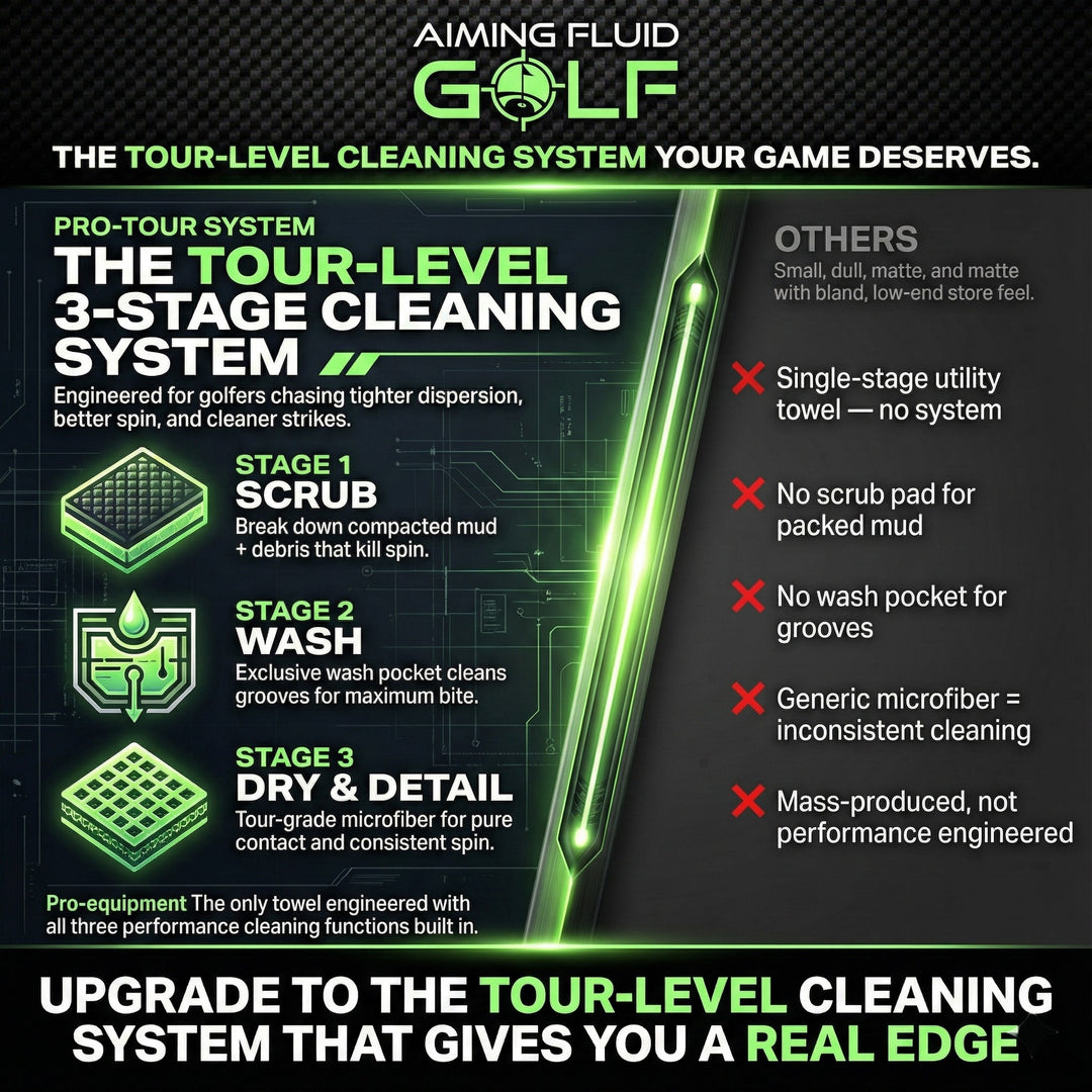 Aiming Fluid Golf The 40 tour-level cleaning system for golfers with 16x40 magnetic towel coverage.