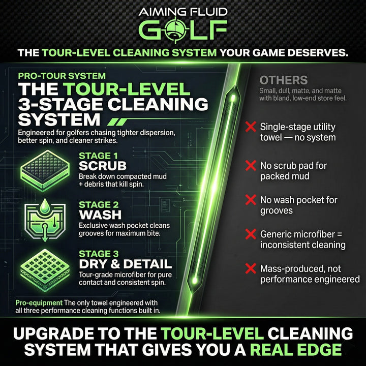 Aiming Fluid Golf The 40 tour-level cleaning system for golfers with 16x40 magnetic towel coverage.