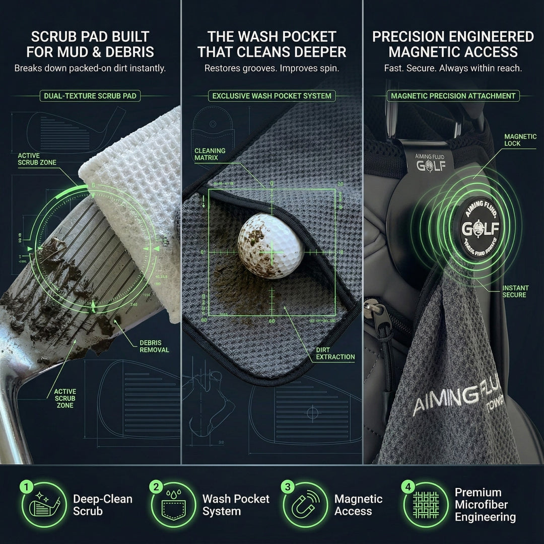 Aiming Fluid Golf Golf towel with features highlighted on a dark background 3 stage cleaning system scrub-wash-dry