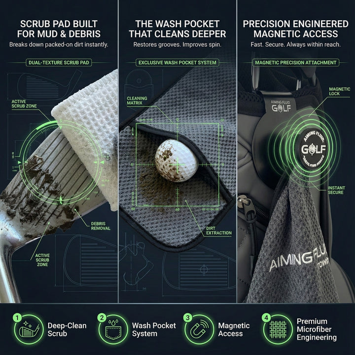 Aiming Fluid Golf Golf towel with features highlighted on a dark background 3 stage cleaning system scrub-wash-dry
