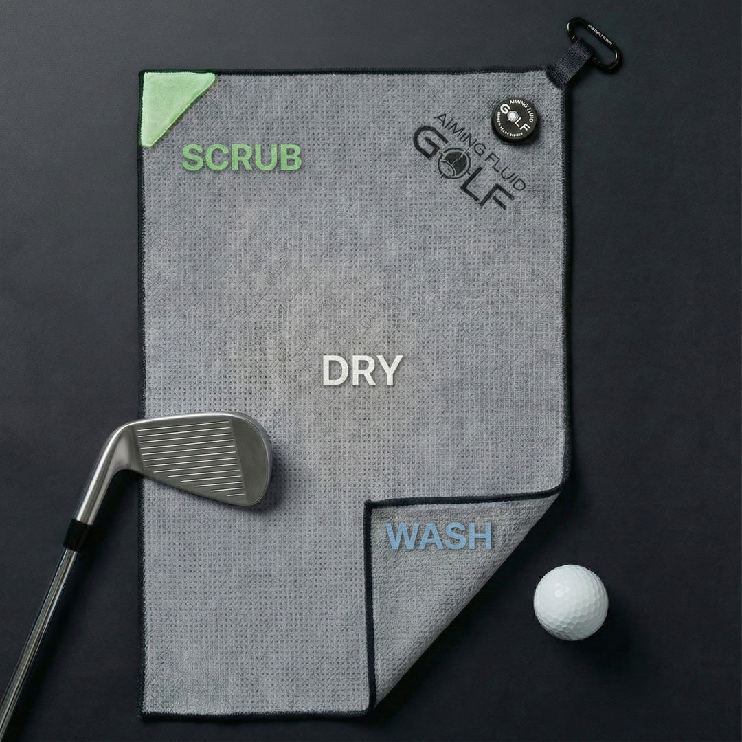 The 40 magnetic golf towel showing Scrub, Wash, and Dry cleaning zones for clubs and golf balls.