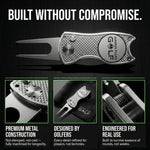 aiming fluid golf Golf divot tool with 'Aiming Fluid Golf' branding on a black background, featuring text about product features.