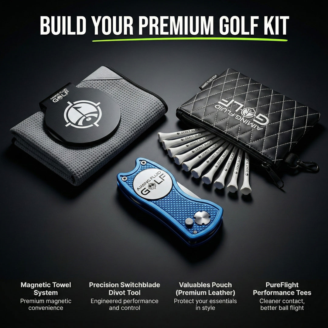 aiming fluid golf Golf kit with magnetic towel system, switchblade divot tool, valuables pouch, and performance tees on a dark background.