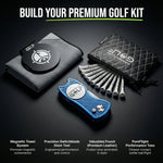 aiming fluid golf Golf kit with magnetic towel system, switchblade divot tool, valuables pouch, and performance tees on a dark background.
