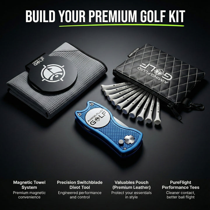 aiming fluid golf Golf kit with magnetic towel system, switchblade divot tool, valuables pouch, and performance tees on a dark background.