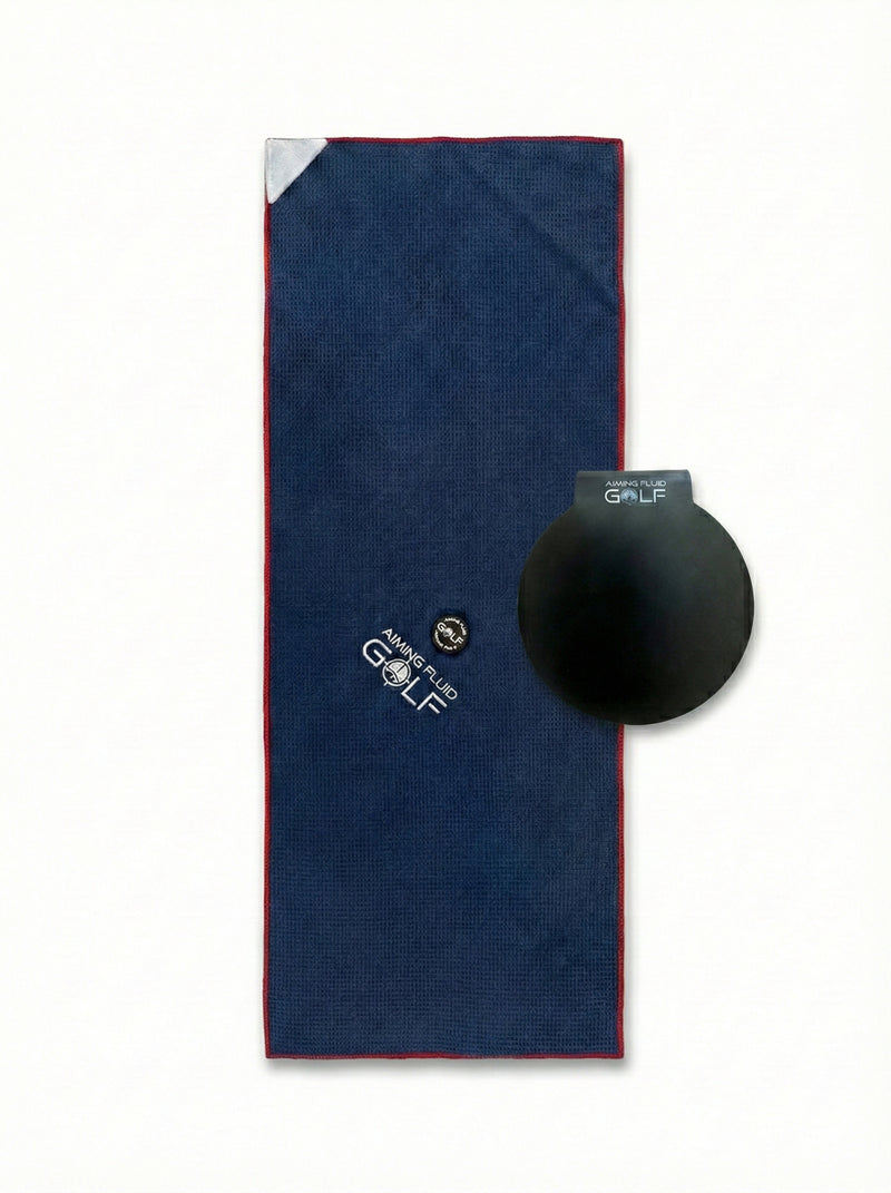 Blue 16×40 magnetic golf towel paired with black magnetic landing pad on white background