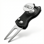 Golf black divot tool with 'Aiming Fluid Golf' branding on a white background. all metal construction, 5-1 design, safe switchblade design