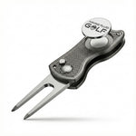 Golf gunmetal grey divot tool with 'Aiming Fluid Golf' branding on a white background. all metal construction, 5-1 design, safe switchblade design