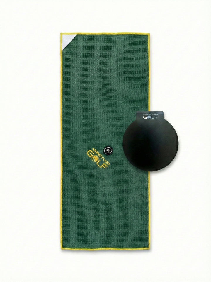Green The 40 16x40 magnetic golf towel with steel-core Landing Pad on white background.