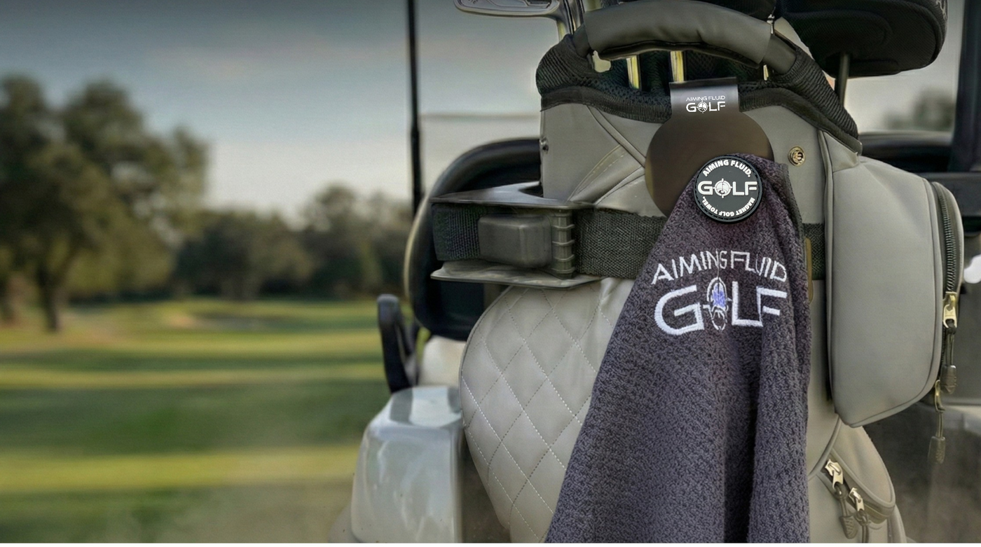 Magna-Anchor magnetic golf towel docked to a steel-core Landing Pad on a golf bag