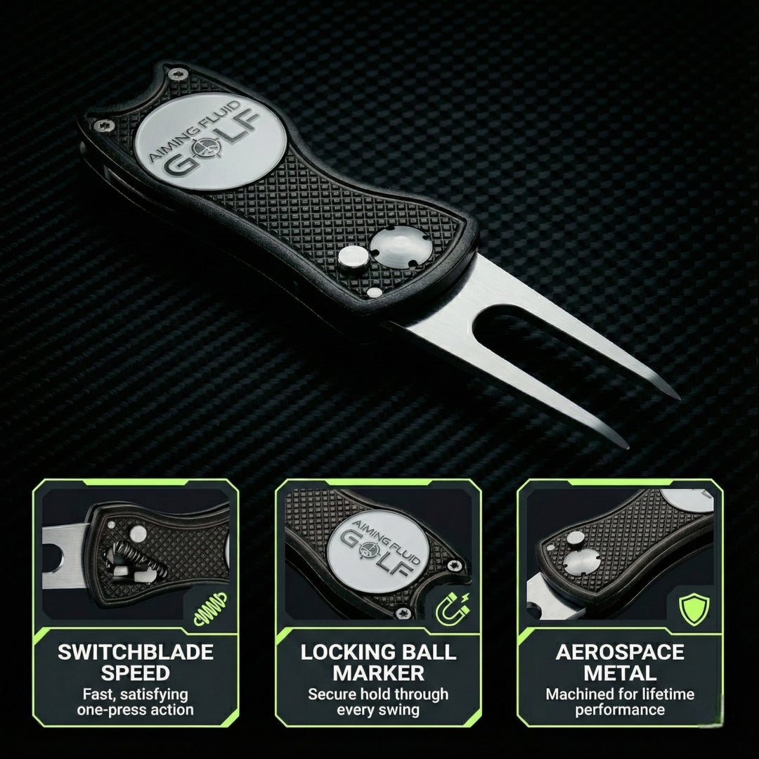 aiming fluid golf Golf divot tool with switchblade, locking ball marker, and aerospace metal features on a dark textured background.