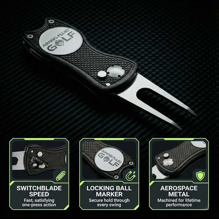 aiming fluid golf Golf divot tool with switchblade, locking ball marker, and aerospace metal features on a dark textured background.
