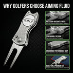 aiming fluid golf Golf divot tool with features highlighted on a black background