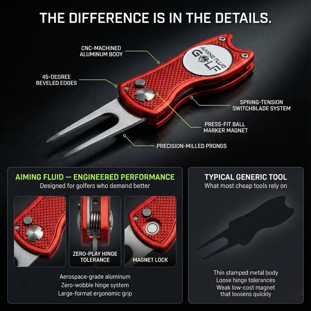 aiming fluid golf Red golf divot tool with features highlighted on a black background