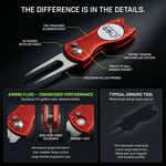 aiming fluid golf Red golf divot tool with features highlighted on a black background