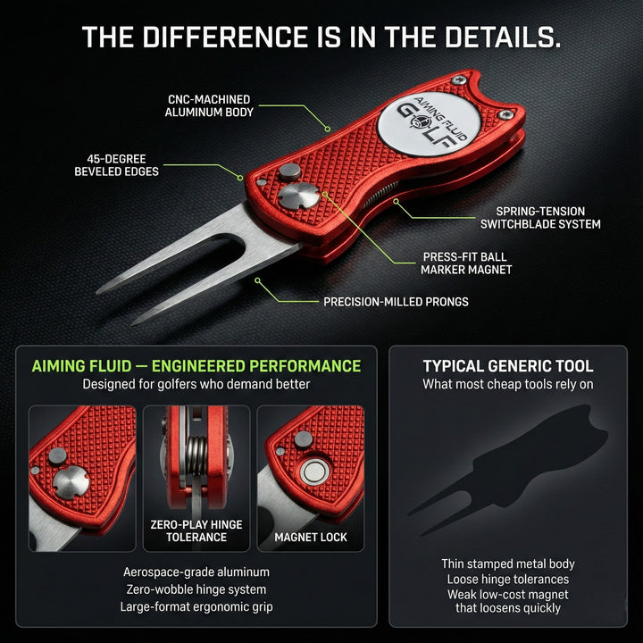 aiming fluid golf Red golf divot tool with features highlighted on a black background