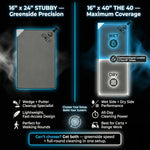 Aiming Fluid Golf Stubby and The 40 magnetic golf towels compared by size, features, and cleaning system.