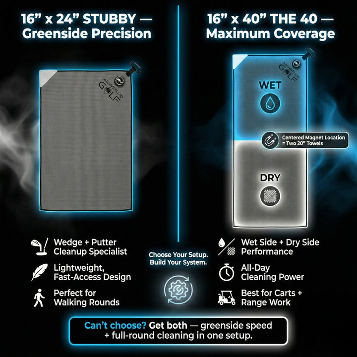 Aiming Fluid Golf Stubby and The 40 magnetic golf towels compared by size, features, and cleaning system.