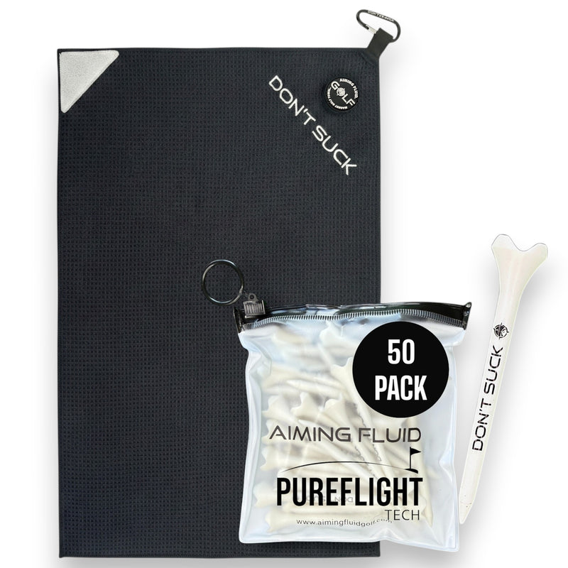 Don’t Suck™ towel and tee bundle featuring a black magnetic golf towel and a pack of 50 white golf tees.