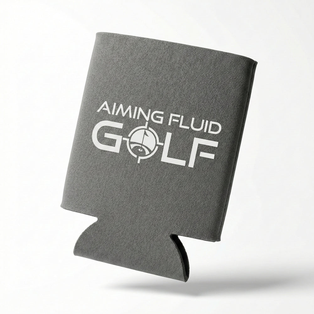 Brewski Koozie in gray with "Aiming Fluid Golf" text, designed to keep beverages cold on the golf course.