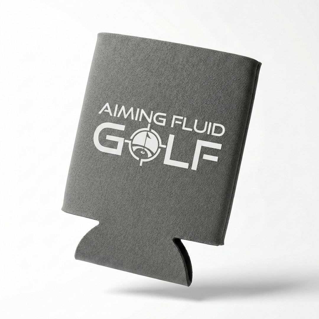 Brewski Koozie in gray with "Aiming Fluid Golf" text, designed to keep beverages cold on the golf course.
