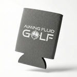 Brewski Koozie in gray with "Aiming Fluid Golf" text, designed to keep beverages cold on the golf course.