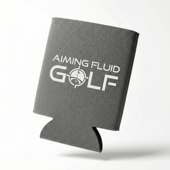 Brewski Koozie in gray with "Aiming Fluid Golf" text, designed to keep beverages cold on the golf course.