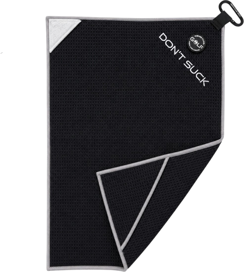 Don't Suck Magna-Anchor Stubby magnetic golf towel, black with grey trim, white triangular scrub pad and heavy-duty carabiner