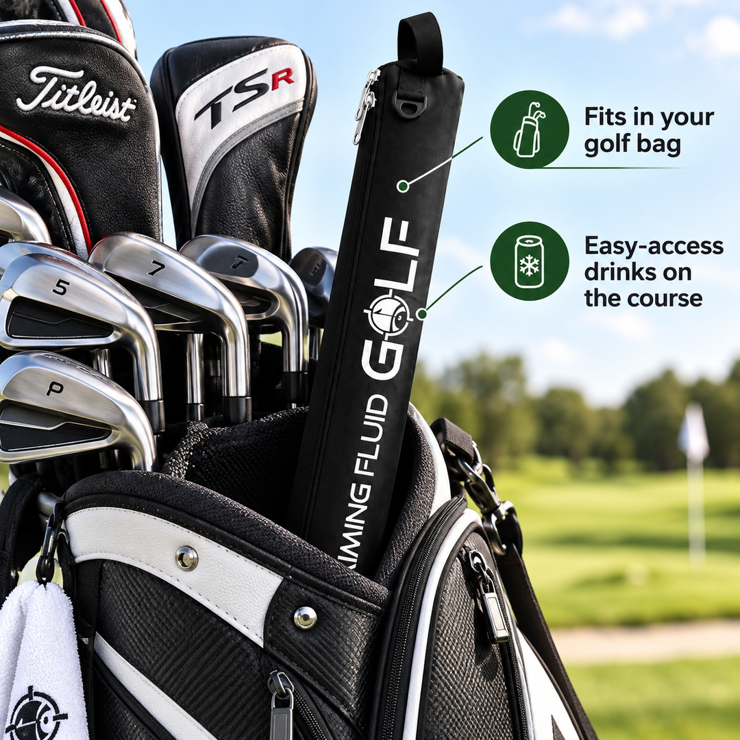 Aiming Fluid Golf insulated tube cooler fits inside a golf bag for easy access on the course