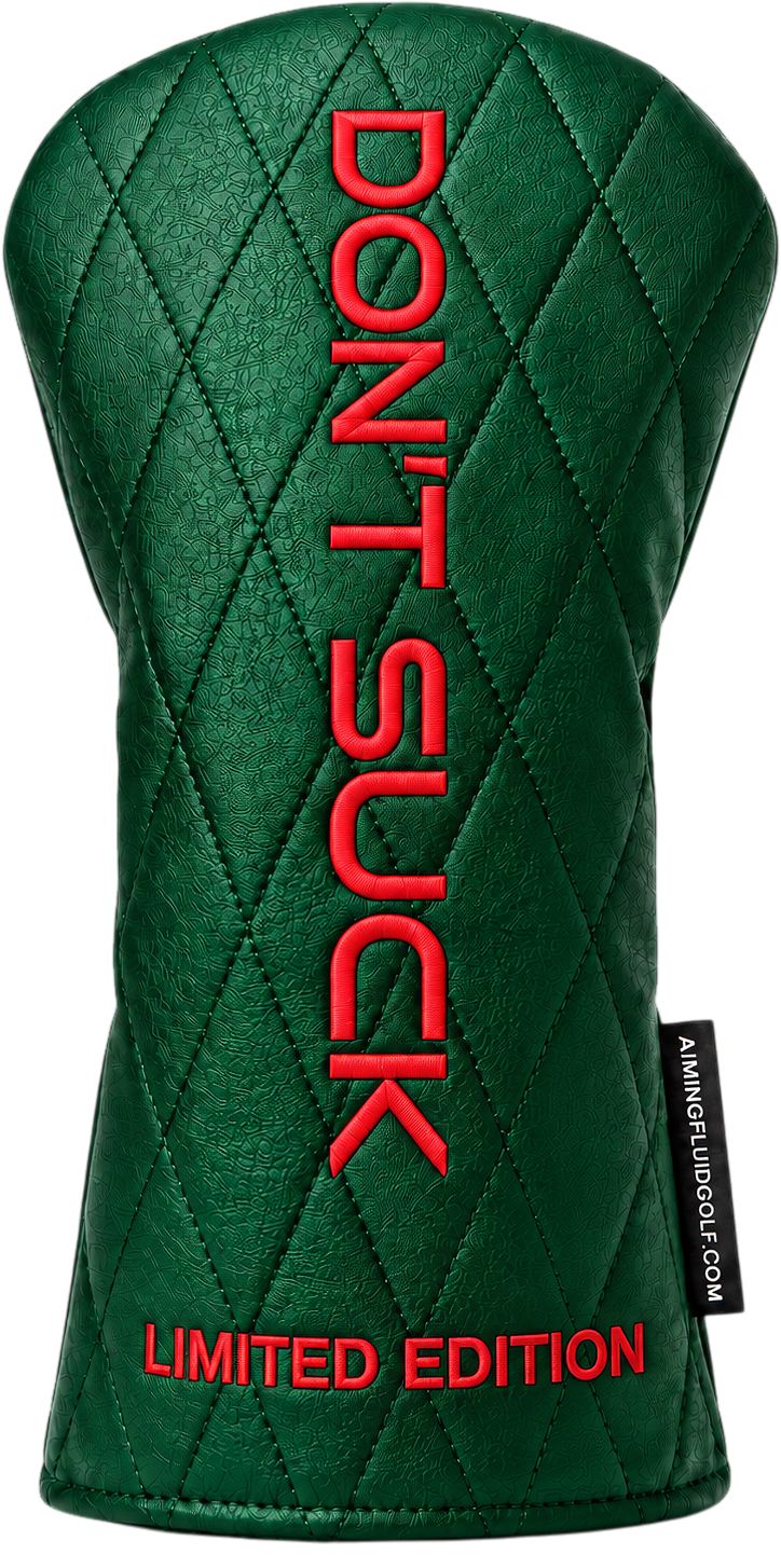 DON'T SUCK Reserve Poinsettia limited edition driver headcover in emerald green quilted synthetic leather with red satin embroidery
