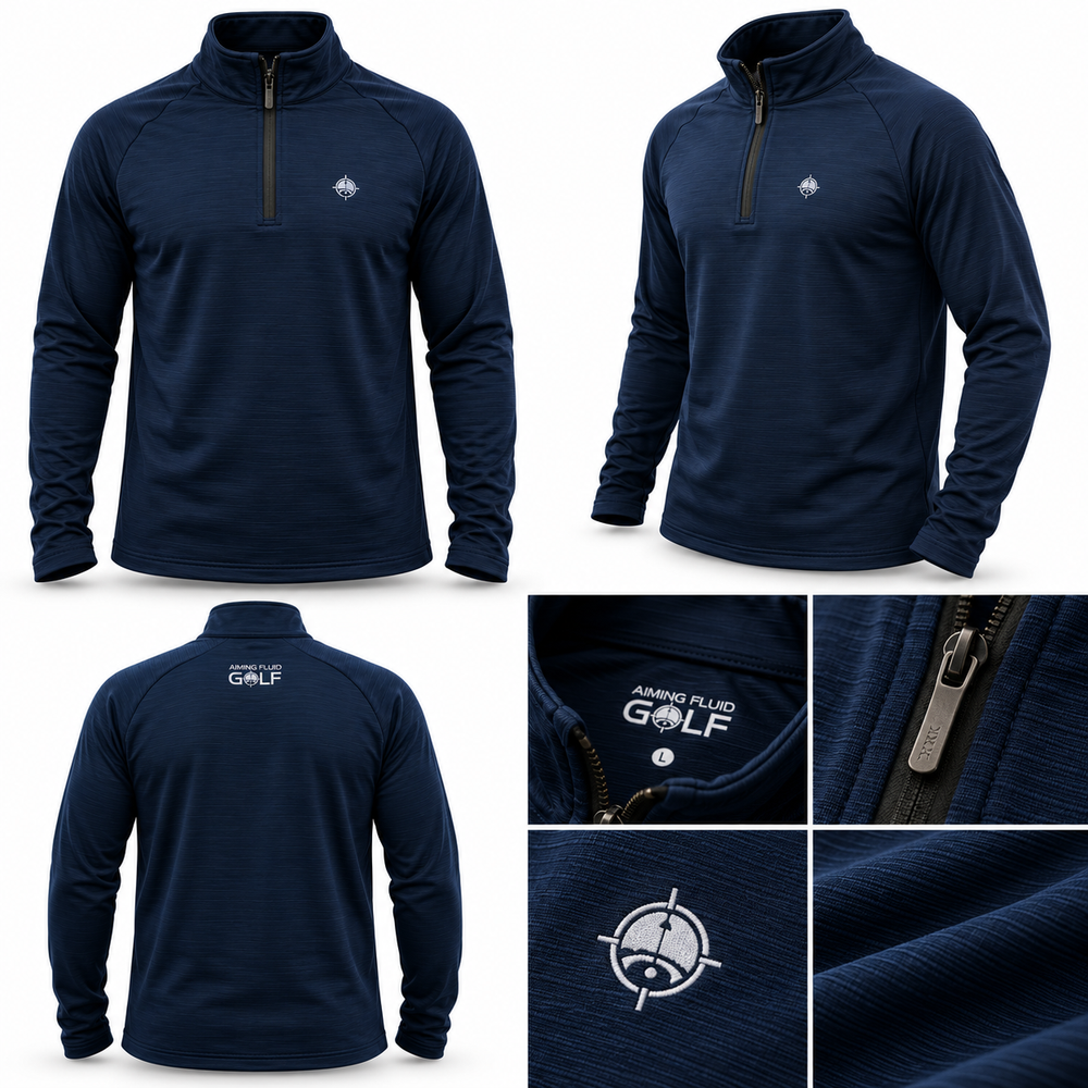 Aiming Fluid Golf navy performance quarter zip premium detail views