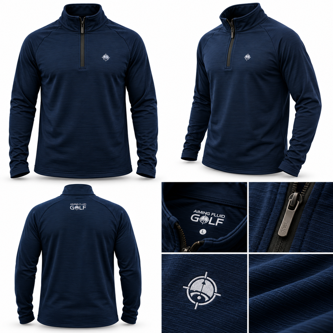 Aiming Fluid Golf navy performance quarter zip premium detail views