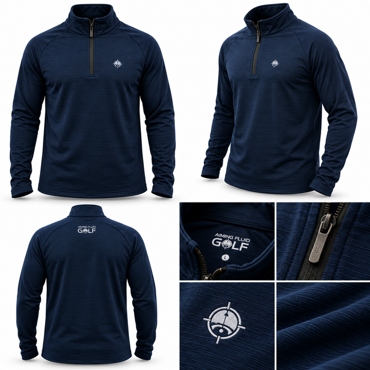 Aiming Fluid Golf navy performance quarter zip premium detail views