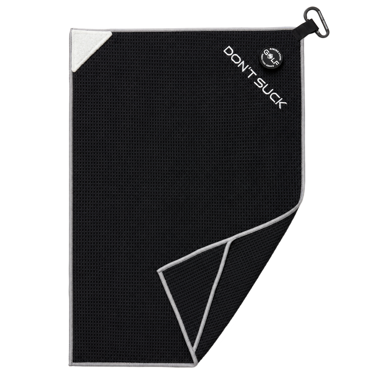 Don't Suck Magna-Anchor Stubby magnetic golf towel, black with grey trim, white triangular scrub pad and heavy-duty carabiner