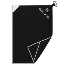 Don't Suck Magna-Anchor Stubby magnetic golf towel, black with grey trim, white triangular scrub pad and heavy-duty carabiner