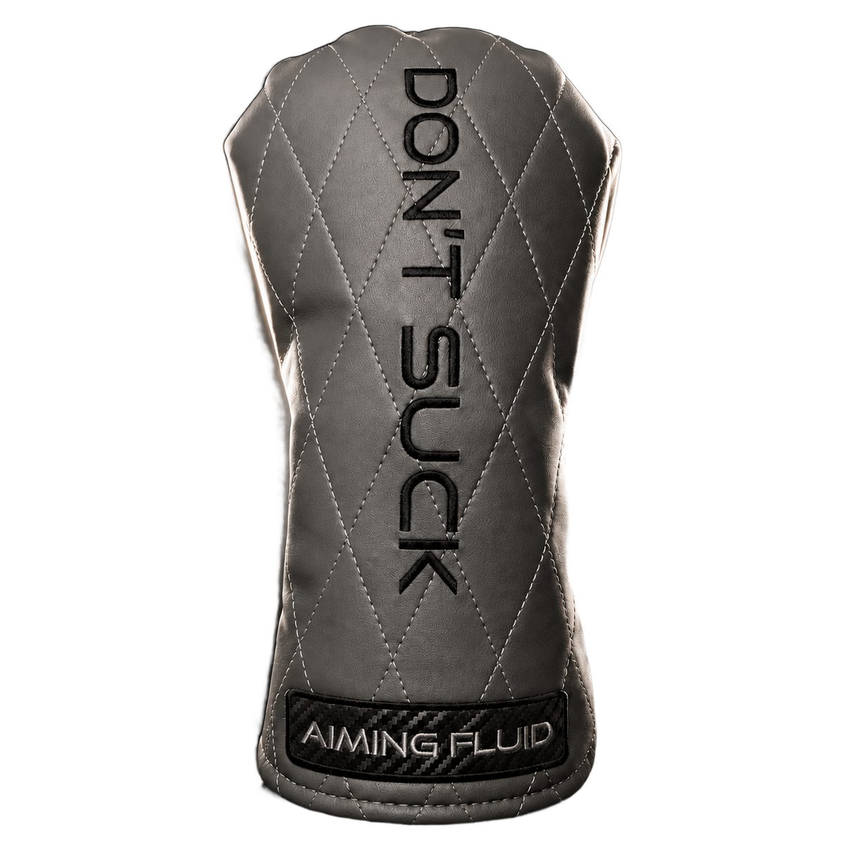 DON'T SUCK Reserve Smoke driver headcover in gunmetal quilted synthetic leather with a carbon-weave AIMING FLUID badge