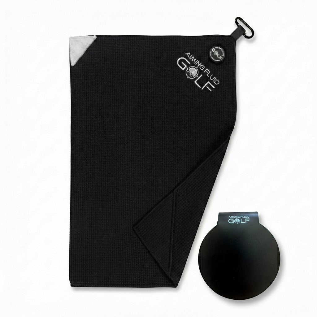 Black Stubby magnetic golf towel with steel-core Landing Pad for compact magnetic towel system.