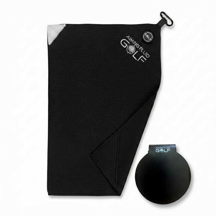 Black Stubby magnetic golf towel with steel-core Landing Pad for compact magnetic towel system.