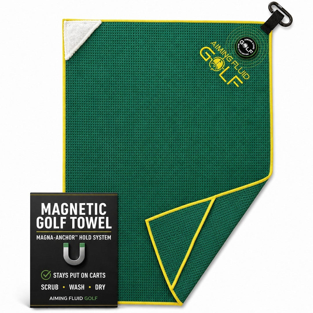 Aiming Fluid Golf green waffle weave magnetic golf towel with yellow trim and a white corner scrub pad.