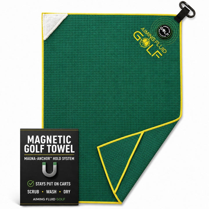 Aiming Fluid Golf green waffle weave magnetic golf towel with yellow trim and a white corner scrub pad.