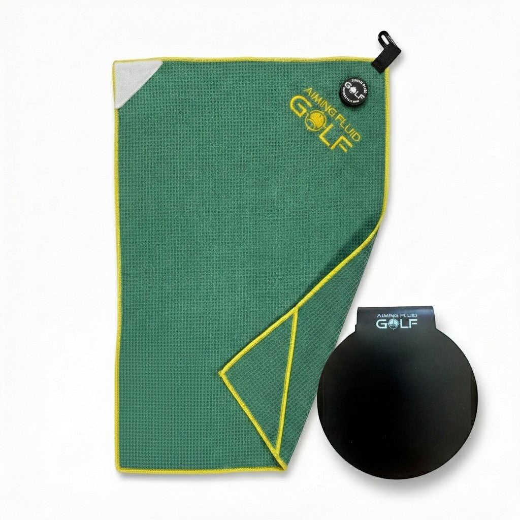 Green Stubby 16x24 magnetic golf towel with steel-core Landing Pad on white background.