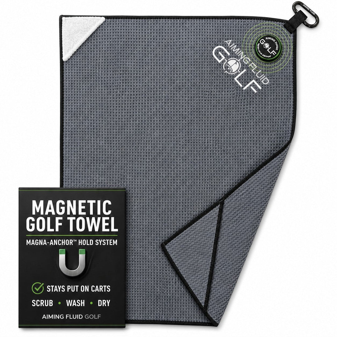 Aiming Fluid Golf Magna-Anchor magnetic golf towel in grey waffle weave microfiber with black trim and a carabiner clip.