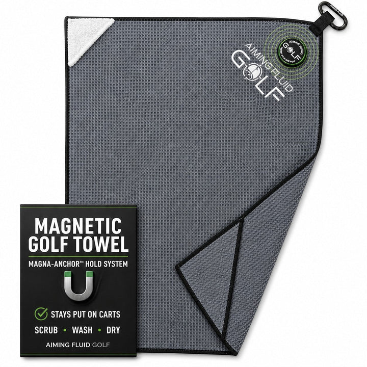 Aiming Fluid Golf Magna-Anchor magnetic golf towel in grey waffle weave microfiber with black trim and a carabiner clip.